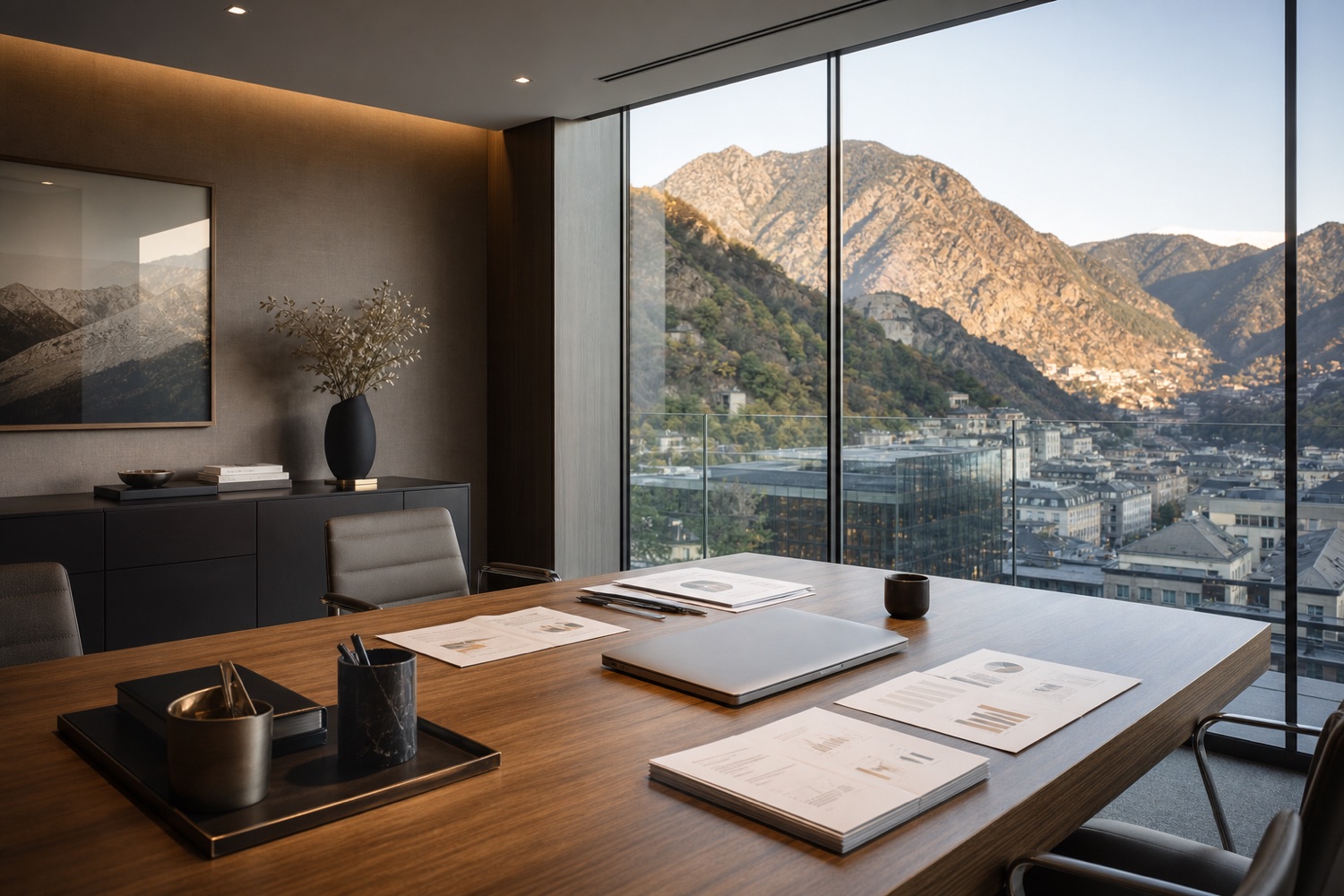 Sala de reunions corporativa amb vistes a les muntanyes d'Andorra.